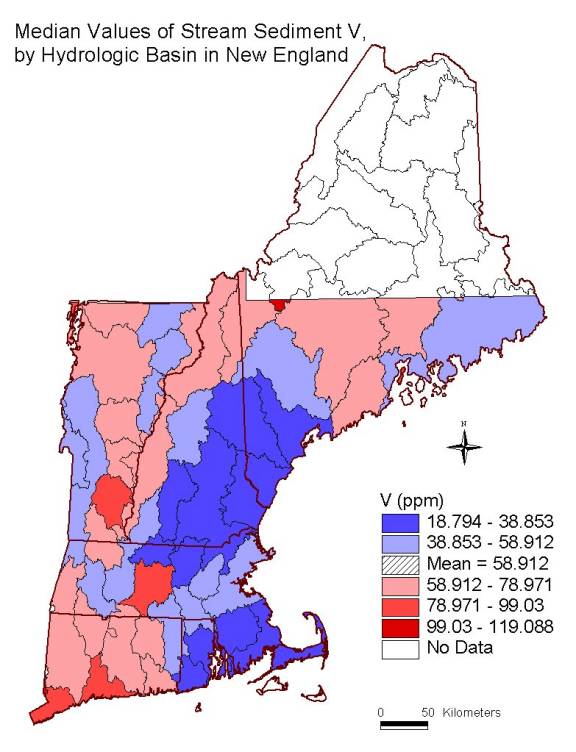 median values of stream sediment V , by hydrologic basin in New England