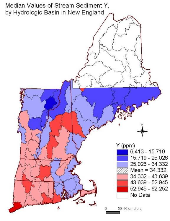 median values of stream sediment Y , by hydrologic basin in New England