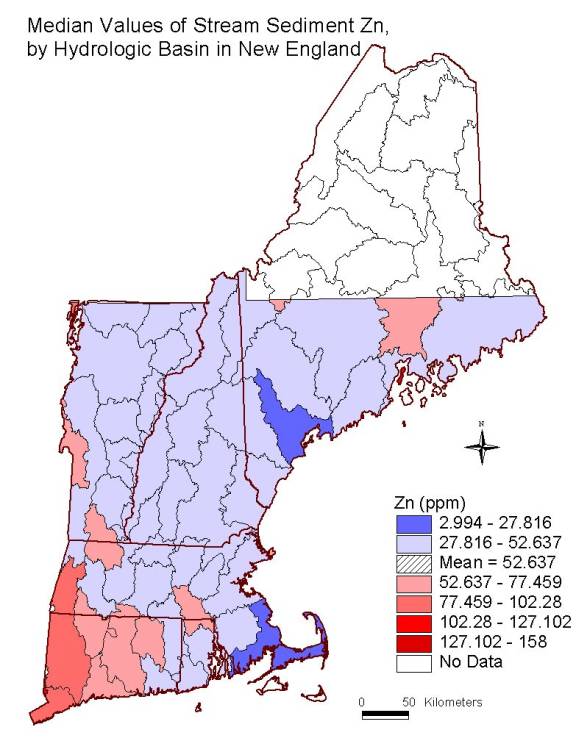 median values of stream sediment Zn, by hydrologic basin in New England