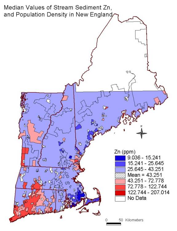 median values of stream sediment Zn , and population density in New England