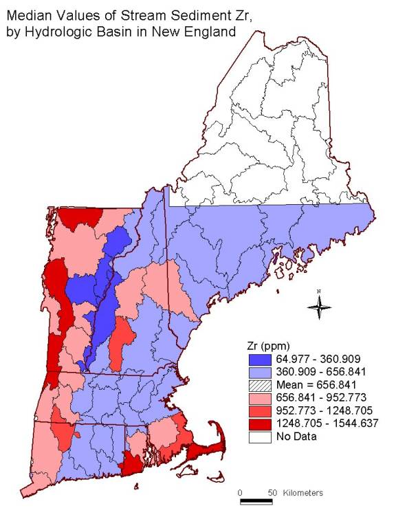 median values of stream sediment Zr, by hydrologic basin in New England