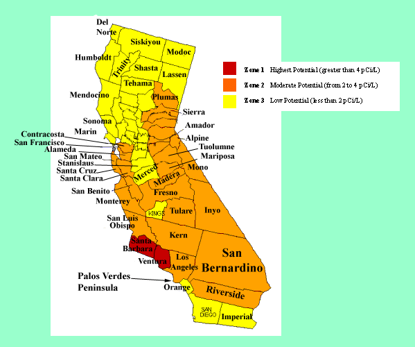 Image of USEPA radon portential  map of California.