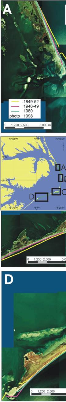 Figure 12 A-D.  Historic shoreline positions for Bodie Island and Pea Island,  Rodanthe, Cape Point, Buxton, Frisco, Hatteras Village and Ocracoke Island.