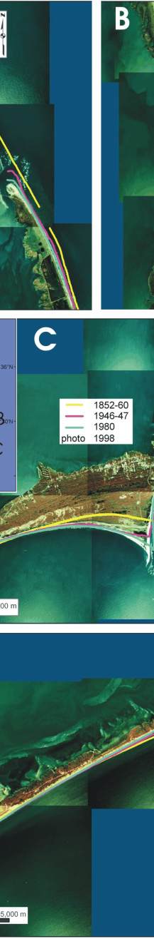 Figure 12 A-D.  Historic shoreline positions for Bodie Island and Pea Island,  Rodanthe, Cape Point, Buxton, Frisco, Hatteras Village and Ocracoke Island.