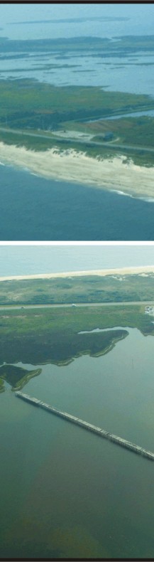 Figure 5. A) Vast wildlife habitat especially for shorebirds on the landward side of Pea Island NWR. B) The bridge that was constructed in the 1940's to bypass a breach that occurred across Pea Island during a hurricane.