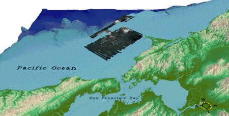 Three-dimensional image showing sidescan-sonar and coastal relief images of the Gulf of the Farallones.