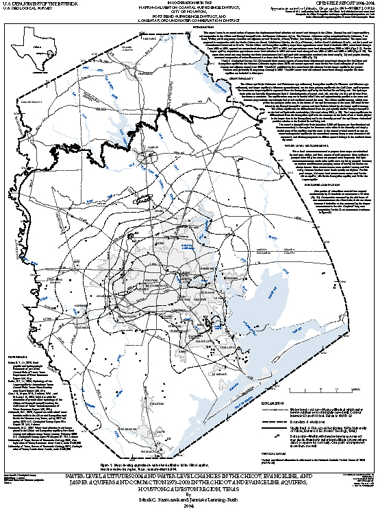 Figure 1. Map showing approximate water-level altitudes in the Chicot aquifer, Houston-Galveston region, Texas, January–March 2004.