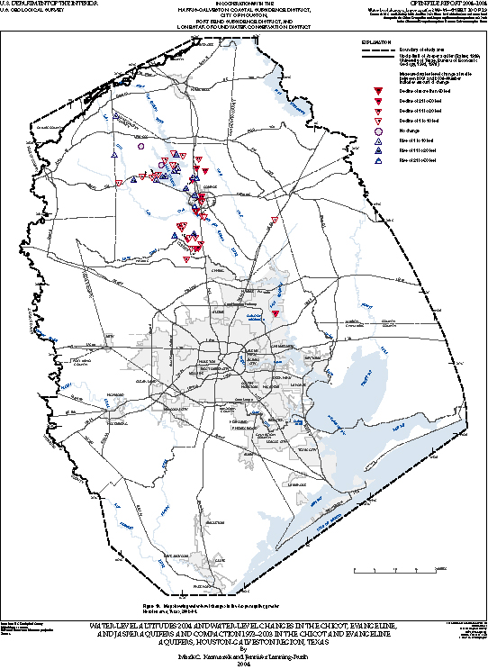 Figure 10. Map showing water-level changes in the Jasper aquifer, greater Houston area, Texas, 2003–04.