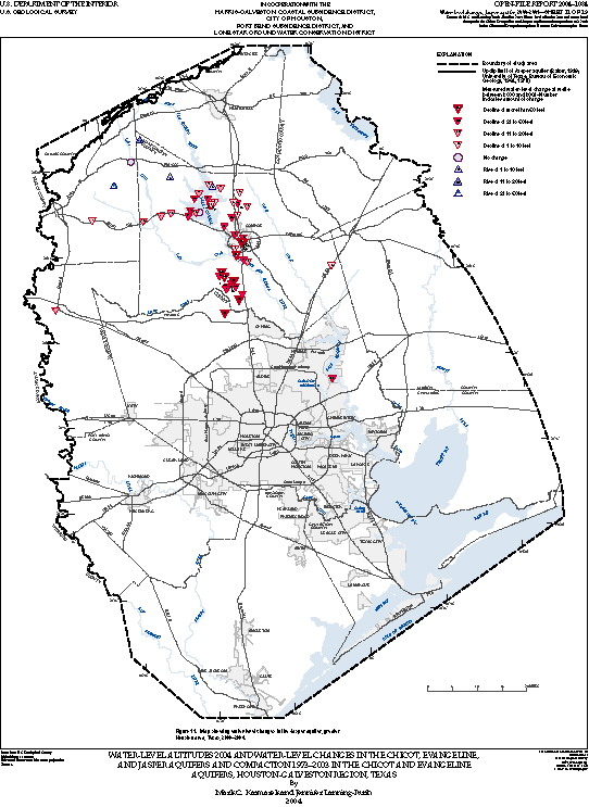 Figure 11. Map showing water-level changes in the Jasper aquifer, greater Houston area, Texas, 2000–2004. 