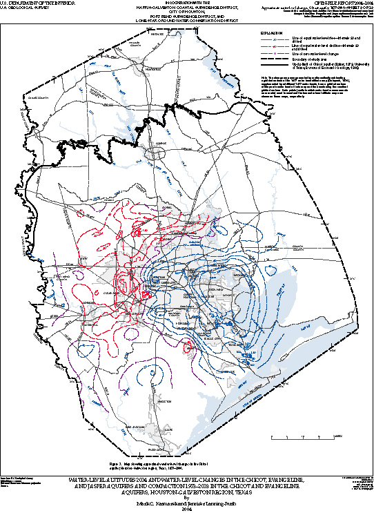 Figure 3. Map showing approximate water-level changes in the Chicot aquifer, Houston-Galveston region, Texas, 1977–2004.