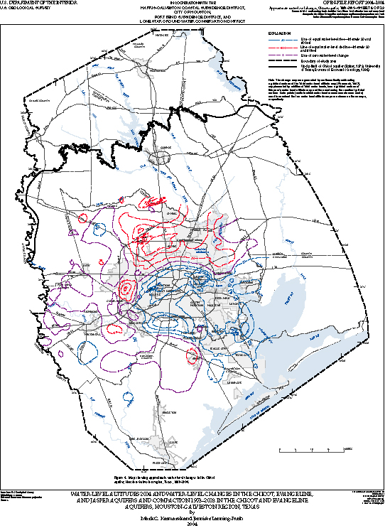 Figure 4. Map showing approximate water-level changes in the Chicot aquifer, Houston-Galveston region, Texas, 1990–2004.