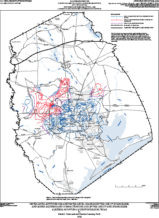 Figure 8. Map showing approximate water-level changes in the Evangeline aquifer, Houston-Galveston region, Texas, 1990–2004. 