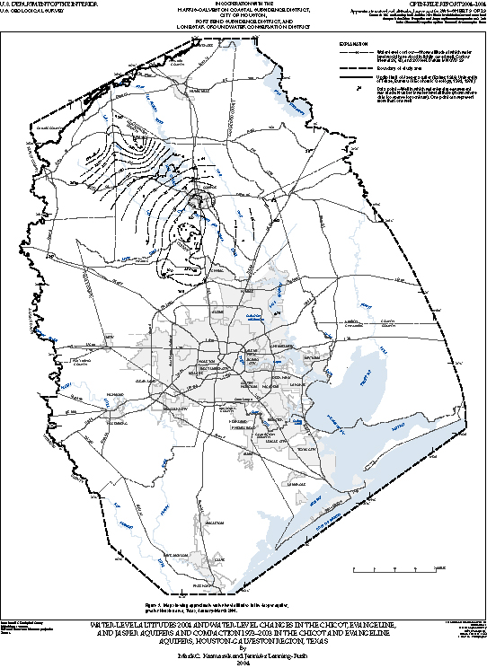 Figure 9. Map showing approximate water-level altitudes in the Jasper aquifer, greater Houston area, Texas, January–March 2004.