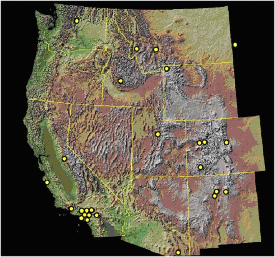 Base map of the western U.S. showing wild-fire locations with related debris-flows.