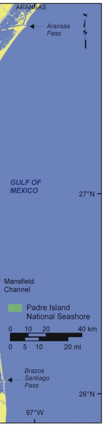 Figure 1.   Location of Padre Island National Seashore along the Gulf of Mexico coast in Texas.