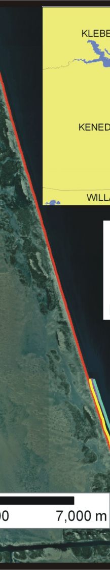 Figure 7. Location of the 14 km segment of shoreline in Kenedy County where there were not enough historic shorelines to calculate a rate of shoreline change. 