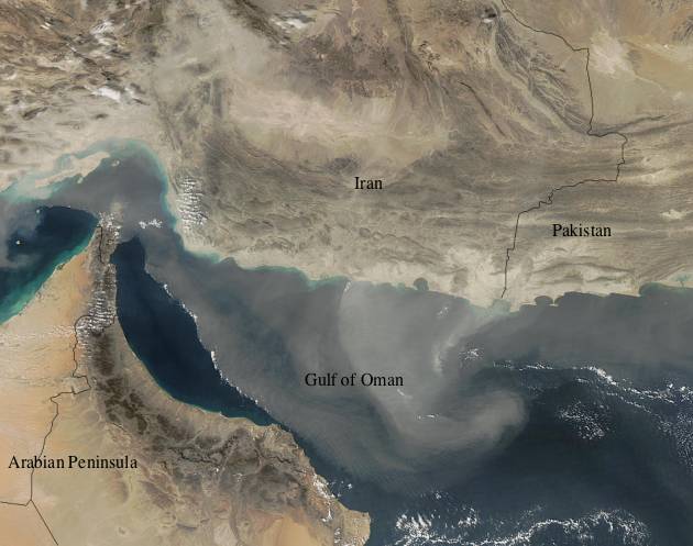 Image showing that northeasterly winds from Iran and Pakistan transport dust plums over the eastern Persian Gulf, Gulf of Oman,  and northern Arabian Sea