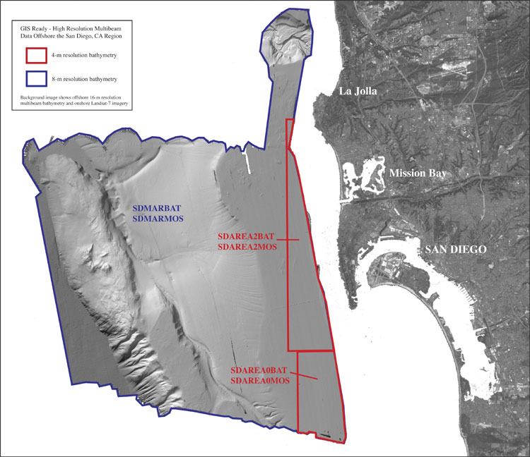 map showing multibeam sub-areas of San Diego Margin