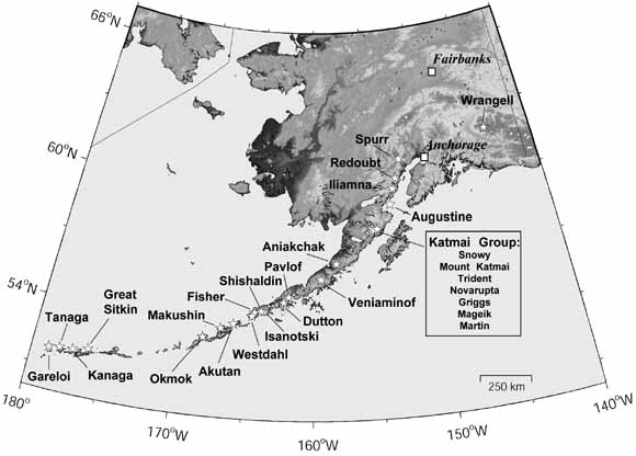map of Alaska showing volcanoes