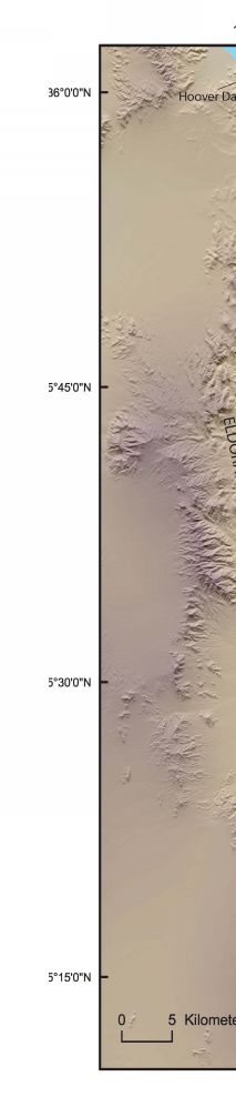 Shaded relief index map showing the location of Lake Mohave between Hoover and Davis Dams and surrounding mountain ranges.