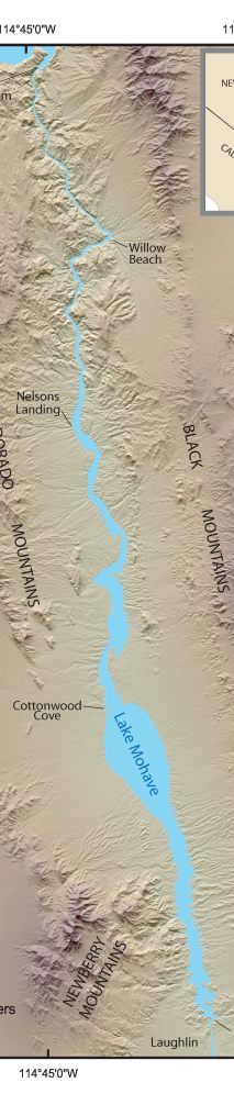 Shaded relief index map showing the location of Lake Mohave between Hoover and Davis Dams and surrounding mountain ranges.