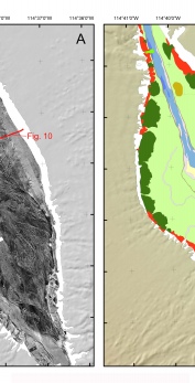 Sidescan sonar mosaic (A) and interpretation (B) of the surficial geology of the southern central part of Lake Mohave.