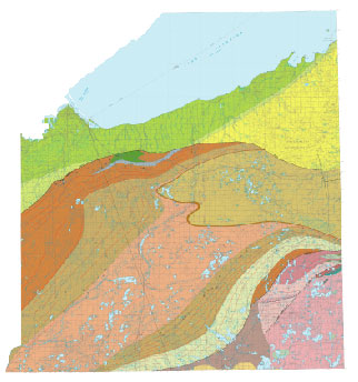 Reduced size image of the map sheet showing geologic units
