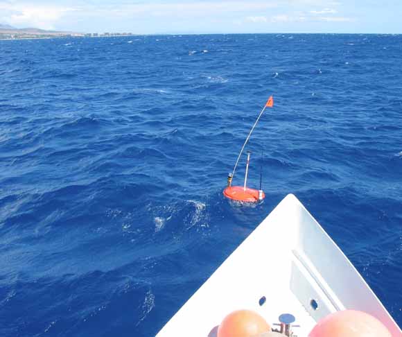 photograph of buoy-like device floating on the ocean surface