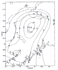 Figure 4. Regional cumulative post-seismic uplift from GPS measurements and tide gauges as determined by Cohen and Freymueller: 1964-1995.