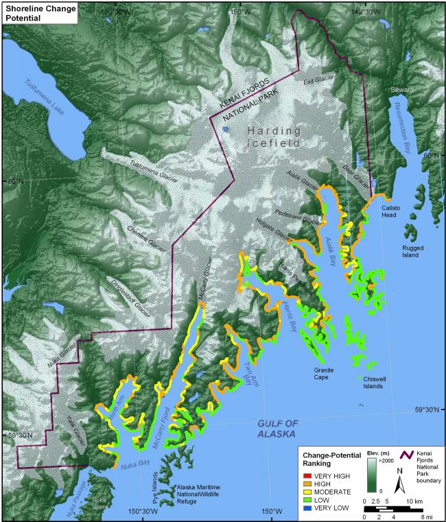 Figure 8. Shoreline change-potential for Kenai Fjords National Park.