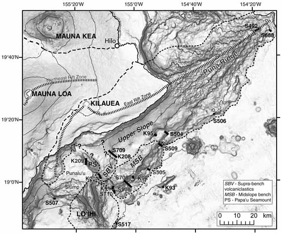 index map, about 85 kilometers wide showing Mauna Kea in the upper right and the coast across the lower left with the Kilauea East Rift Zone between them.
