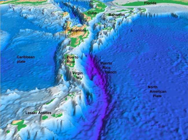 Figure 1. Perspective view of the seafloor of the Atlantic Ocean and the Caribbean Sea.