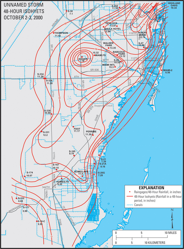 Map showing lines of equal rainfall in Miami-Dade County during an unnamed storm on October 2-3, 2000.