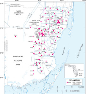 Map showing location of continuous ground-water level monitoring network wells in Miami-Dade County, Florida.