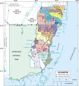 Map showing water-supply and water-management systems in Miami-Dade County.