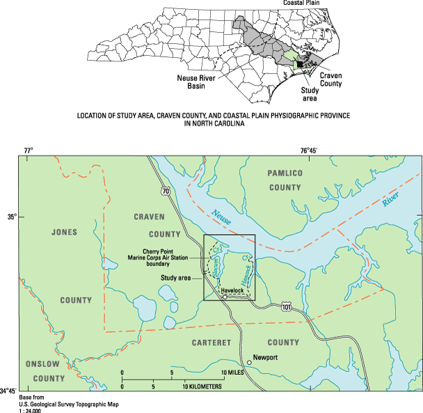 Location of MCAS in Craven County with inset map showing study area location in North Carolina