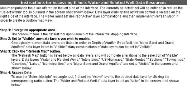 Instructions for interacting with the data and customizing the map display. For a more detailed explanation, contact Sheena Beaverson at beavrsn@isgs.uiuc.edu
