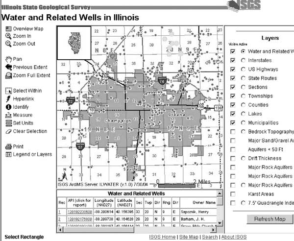 The “Water and Related Wells in Illinois” interactive map published by the ISGS. Map tool descriptions (Zoom In, Pan, Identify, etc.) have been included to improve the usability of the map. For a more detailed explanation, contact Sheena Beaverson at beavrsn@isgs.uiuc.edu