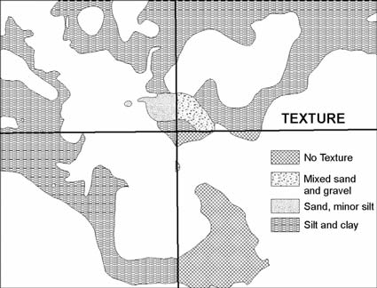 Illustration of four adjoining quads that have different polygon textures needing to be resolved. White areas represent surficial units that do not have texture values while polygons with the “no texture” should have a texture and need to be reconciled with their neighboring quadrangle. For a more detailed explanation, contact Derek Bennett at dbennett@des.state.nh.us.