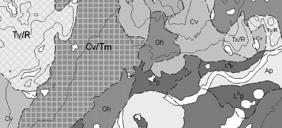 Sample black and white image of a colour surficial map from ArcMap.  For a more detailed explanation, contact Victor Dohar at vdohar@NRCan.gc.ca.