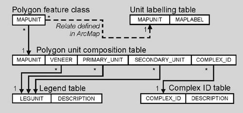 Diagram showing the relationship between the fields in the tables. Each line is defined as a relationship class in the geodatabase. Cardinality is expressed as 1 (one) and * (many). For a more detailed explanation, contact Victor Dohar at vdohar@NRCan.gc.ca.