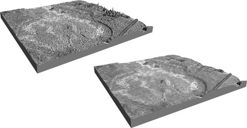 Three-dimensional block diagram comparison of DSM (top) and DTM (right), draped with ORRI data, Nuiqsut, Alaska. The DSMs display all of the measured points collected by the sensor, as illustrated by the irregular elevation spikes in the diagram. Non-terrain elements are removed through filtering to create a DTM. The DTMs simulate a “bald-earth” and are traditionally preferred over DSMs for topographic mapping purposes. For a more detailed explanation, contact Christopher Garrity at cgarrity@usgs.gov