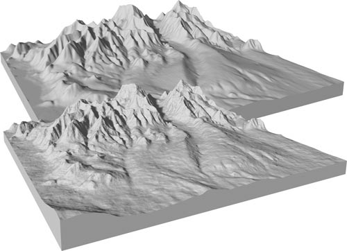 Surface model comparison of the foothills area, rendered with 60 m DEM data, Brooks Range, Alaska. The original model (background) was slightly textured by bump mapping (foreground). Bump mapping gives the impression of a more detailed surface through subtle shading. For a more detailed explanation, contact Christopher Garrity at cgarrity@usgs.gov