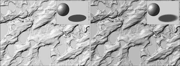 Hillshade images rendered without shade softening (left) and with shade softening (right). The shade softening technique smooths blocky shading that is sometimes visible in large-scale automated hillshade images. The technique is similar in principle to 3-dimensional object shadow softening, where shadows are rendered with penumbra effects (right inset), giving them a more realistic appearance than hard shadows (left inset). For a more detailed explanation, contact Christopher Garrity at cgarrity@usgs.gov