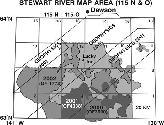 Cumulative progress of bedrock mapping in the Stewart River area. For a more detailed explanation, contact S.P. Gordey at sgordey@nrcan.gc.ca.