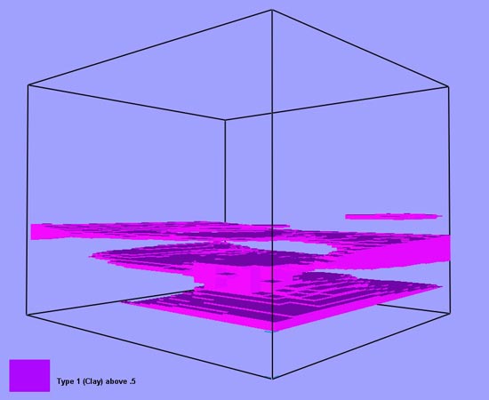 Type 1 (Clay) 3D grid where pseudo-probability is greater than 0.5 (cells shown as voxels).  For a more detailed explanation, contact Skip Pack at skip@dgi.com