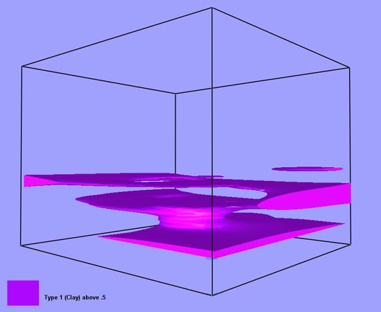 Type 1 (Clay) 3D grid where pseudo-probability is greater than 0.5 (3D oblique contouring). For a more detailed explanation, contact Skip Pack at skip@dgi.com