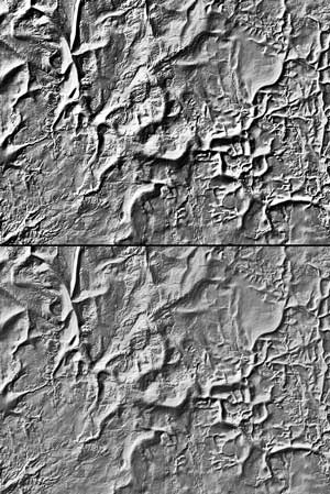 A portion of the Shaded Drift-Thickness Map of Ohio, before (top image) and after (bottom image) value-enhancing the tonal qualities to improve the depiction of topographic relief. For a more detailed explanation, contact Donovan Powers at donovan.powers@dnr.state.oh.us