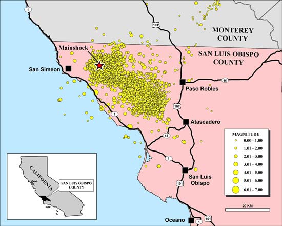 Location map of San Luis Obispo County, showing San Simeon earthquake epicenter (labeled “Mainshock”) and aftershocks (indicated by yellow circles). For a more detailed explanation, contact Lewis Rosenberg at Lrosenberg@co.slo.ca.us