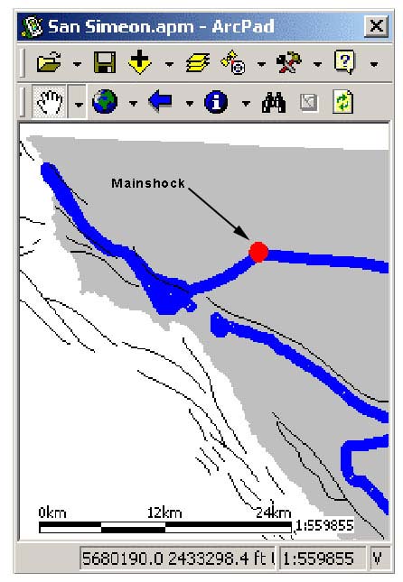 Screenshot of helicopter flight path (thick blue lines), faults (thin black lines), and mainshock epicenter.  For a more detailed explanation, contact Lewis Rosenberg at Lrosenberg@co.slo.ca.us